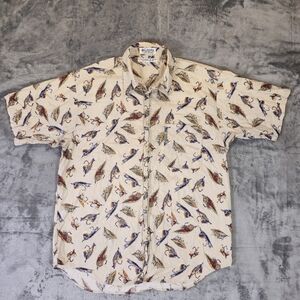 Vintage Y2K Columbia Fish Fly Hook AOP All Over Print Button Up Shirt Size XL